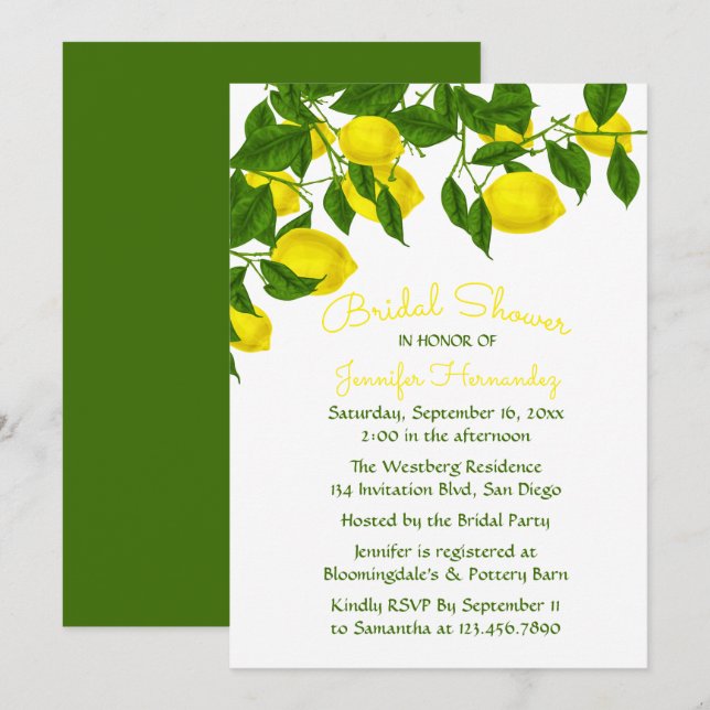 Yellow Bridal Shower  Lemon & Green Watercolor Invitation (Front/Back)