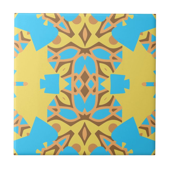 Yellow Brown and Turquoise Ethnic Boho Pattern Tile (Front)