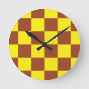 Yellow Brown Chequered Check Pattern Round Clock