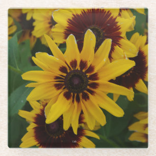 yellow brown flowers glass coaster