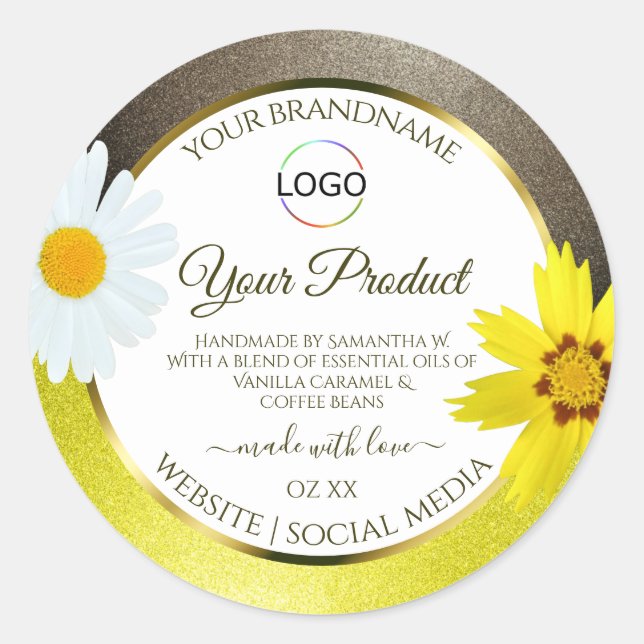 Yellow Brown Glitter White Product Labels Add Logo (Front)
