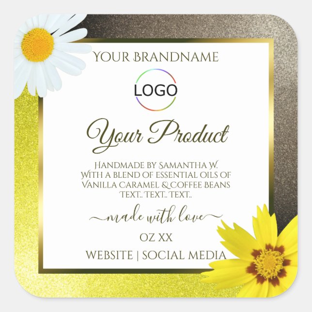 Yellow Brown Glitter White Product Labels Add Logo (Front)