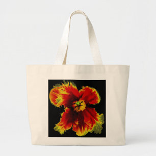Yellow Brown on Black Flower Pattern Large Tote Bag