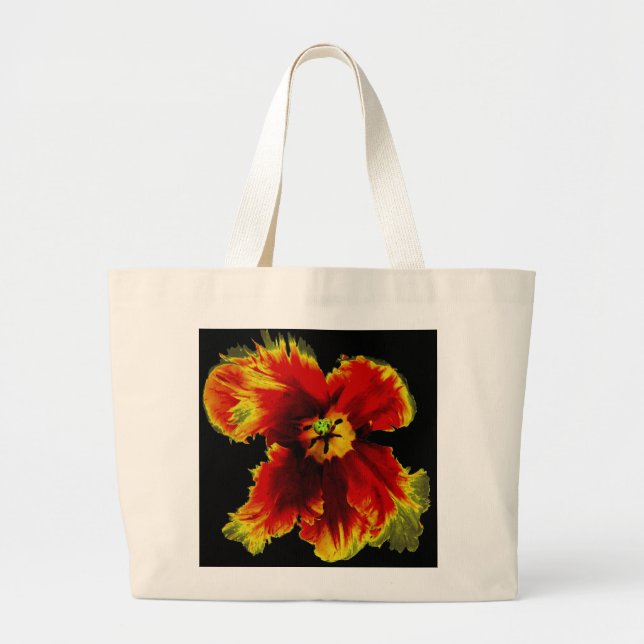 Yellow Brown on Black Flower Pattern  Large Tote Bag (Front)