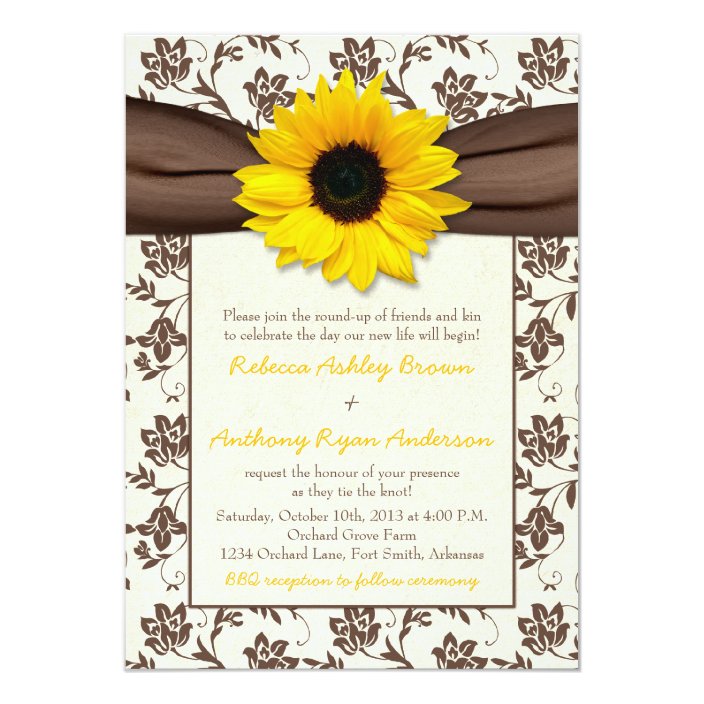 Yellow Brown Ribbon Floral Sunflower Wedding Invitation