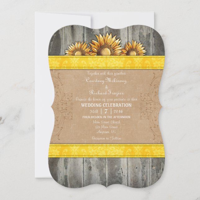 Yellow Brown Rustic Sunflower Wedding Invite (Front)