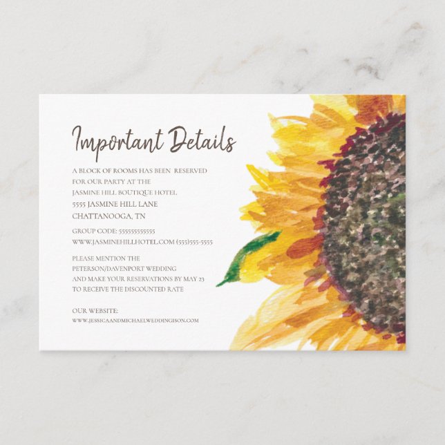 Yellow Brown Sunflower Boho Wedding Details Enclosure Card (Front)