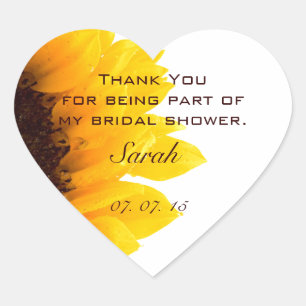 Yellow Brown Sunflower Bridal Shower Thank You Heart Sticker