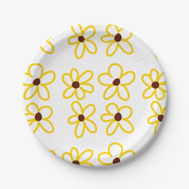 Yellow brown sunflower pattern floral modern boho  paper plate (Front)