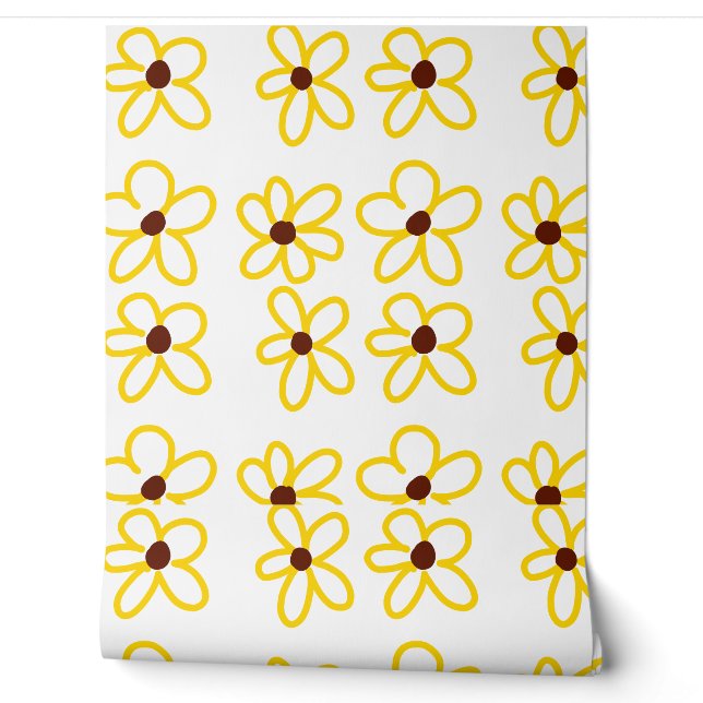 Yellow brown sunflower pattern floral modern boho  wallpaper (Unrolling)