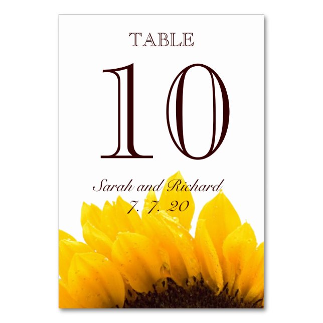 Yellow Brown Sunflower Wedding Table Number Card (Front)