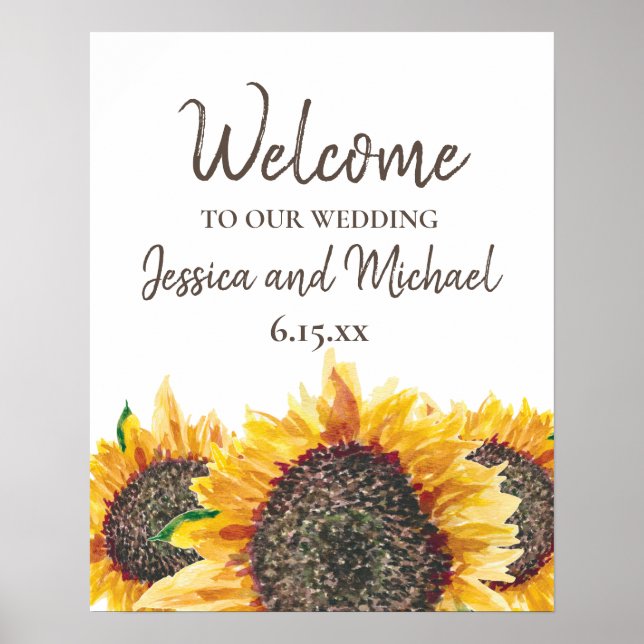Yellow Brown Sunflower White Boho Wedding Welcome Poster (Front)