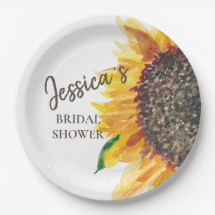 Yellow Brown Sunflower White Bridal Shower Paper Plate