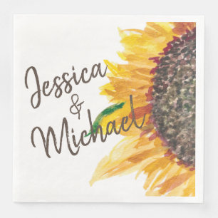 Yellow Brown Sunflower White Wedding Couple's Name Napkin