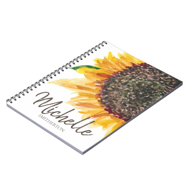 Yellow Brown Sunflower White Your Name Notebook (Left Side)