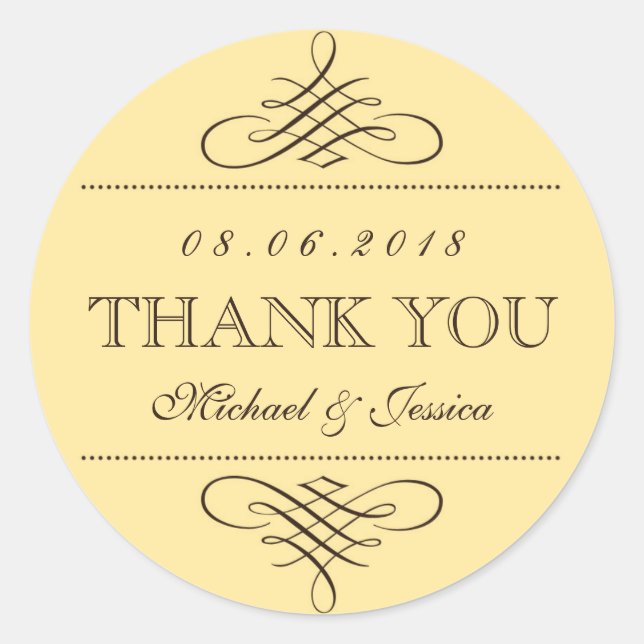 Yellow Brown Swirls Ornament Wedding Stickers (Front)