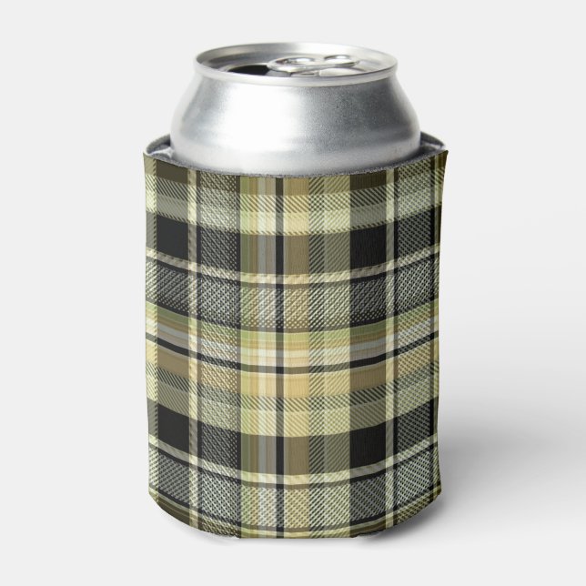 Yellow-brown tartan plaid.  can cooler (Can Front)