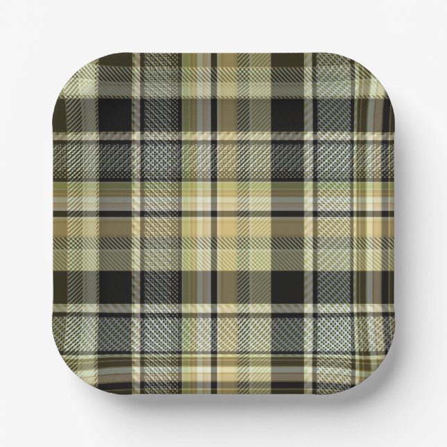 Yellow-brown tartan plaid.  paper plate (Front)