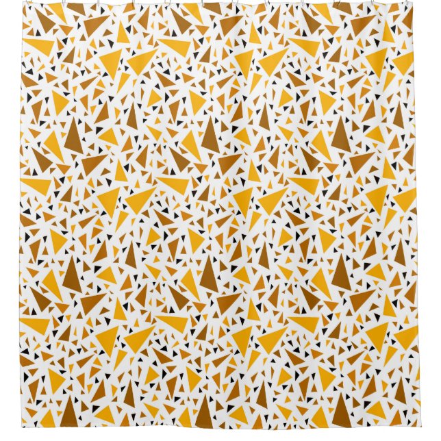 Yellow brown triangles on white retro background shower curtain (Front)