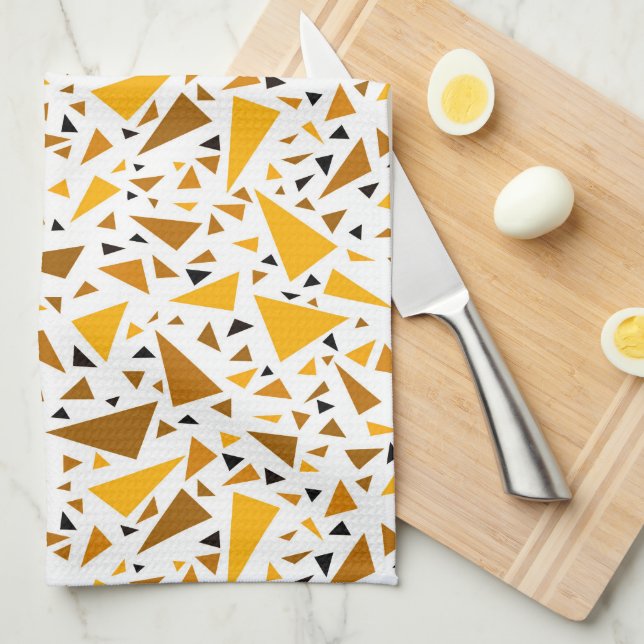 Yellow brown triangles on white retro background tea towel (Quarter Fold)