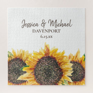 Yellow Brown Watercolor Sunflowers White Wedding Jigsaw Puzzle