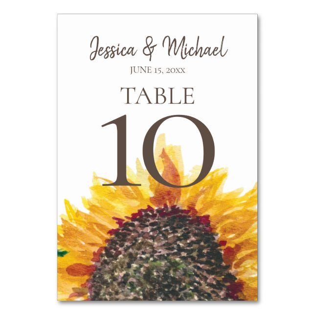 Yellow Brown White Boho Sunflower Wedding Table Number (Front)