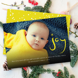 Yellow Brushed Joy Calligraphy Christmas Photo Holiday Card