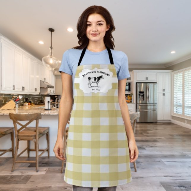 Yellow Buffalo Plaid Farm Cow Apron (Yellow Buffalo Plaid Farm Cow Personalized Apron)