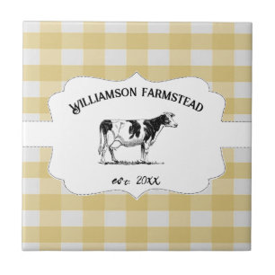 Yellow Buffalo Plaid Farm Cow Decorative Tile