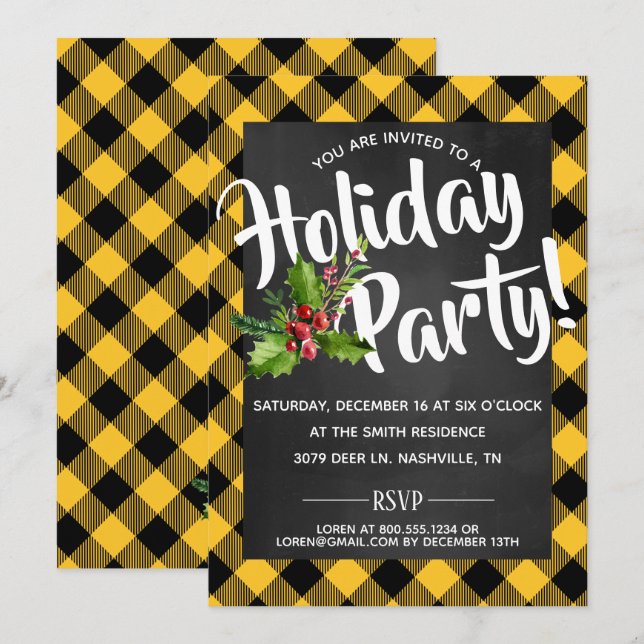 Yellow Buffalo Plaid  Holiday Party Invite (Front/Back)