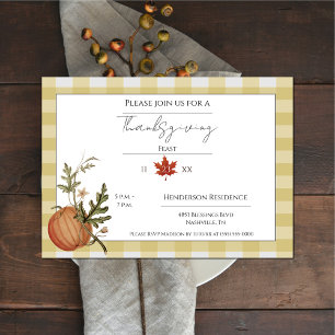 Yellow Buffalo Plaid Pumpkin Thanksgiving Dinner Invitation