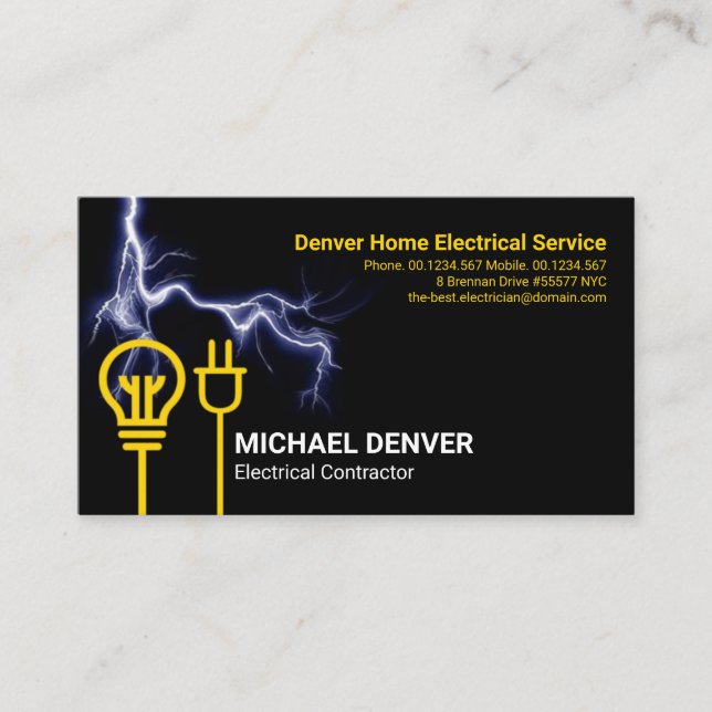 Yellow Bulb Power Plug Blue Lightning Electrician Business Card (Front)