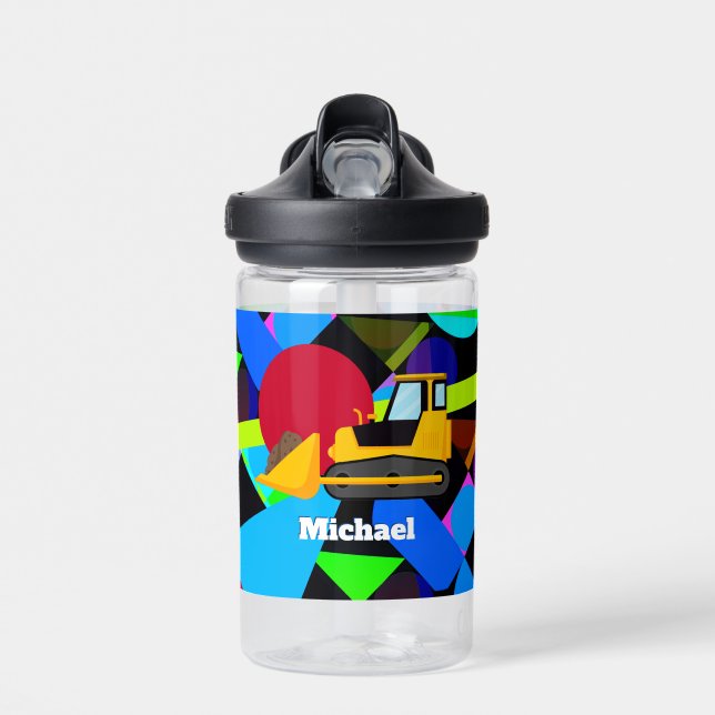 Yellow Bulldozer, Colourful Geometric Shapes, Name Water Bottle (Front)