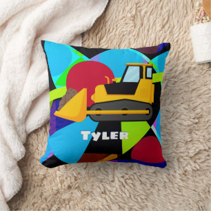 Yellow Bulldozer, Geometric Shapes Child's Name Cushion