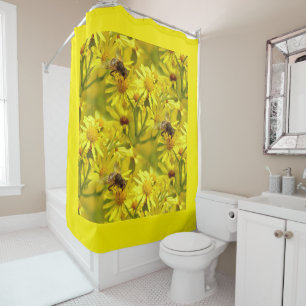Yellow Bumble Bee and Daisy Flowers Shower Curtain