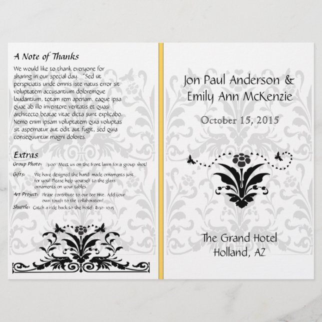 Yellow Bumble Bee Damask Wedding Program (Front)