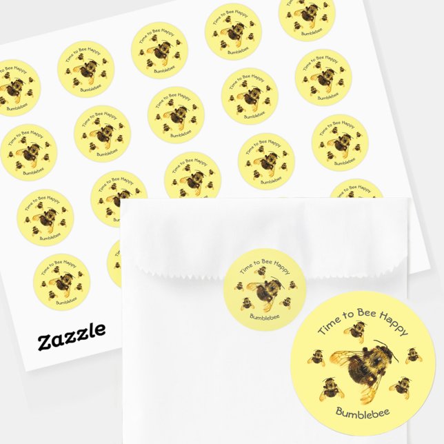 Yellow Bumblebees Time to Bee Happy Customisable Classic Round Sticker (Creator Uploaded)