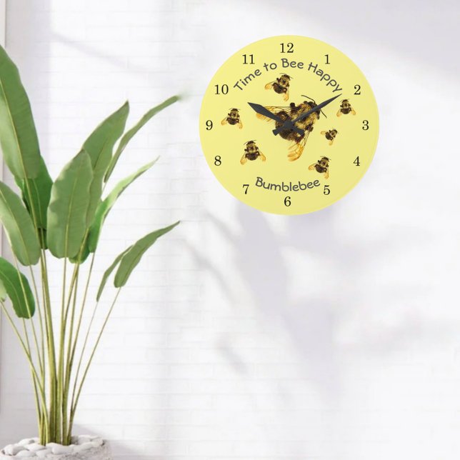 Yellow Bumblebees Time to Bee Happy Customisable Large Clock (Creator Uploaded)