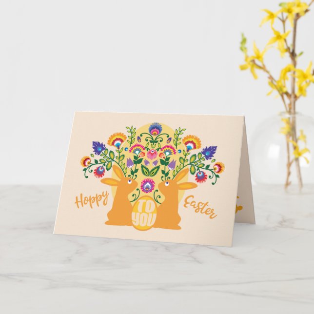 Yellow🐰  Bunnies with  Folklore Touch Custom Text Card (Yellow Flower)