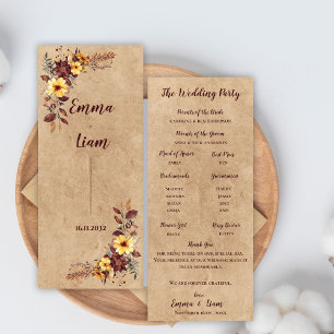 Yellow Burgundy Autumn Floral Wedding Program Card