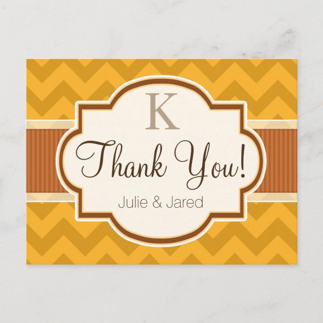 Yellow, Burnt Orange Chevron Stripes Thank You Postcard (Front)