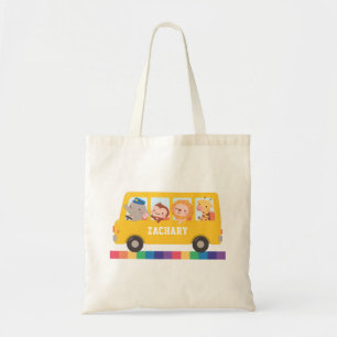 Yellow Bus And Cute Animals Kids Personalised Tote Bag