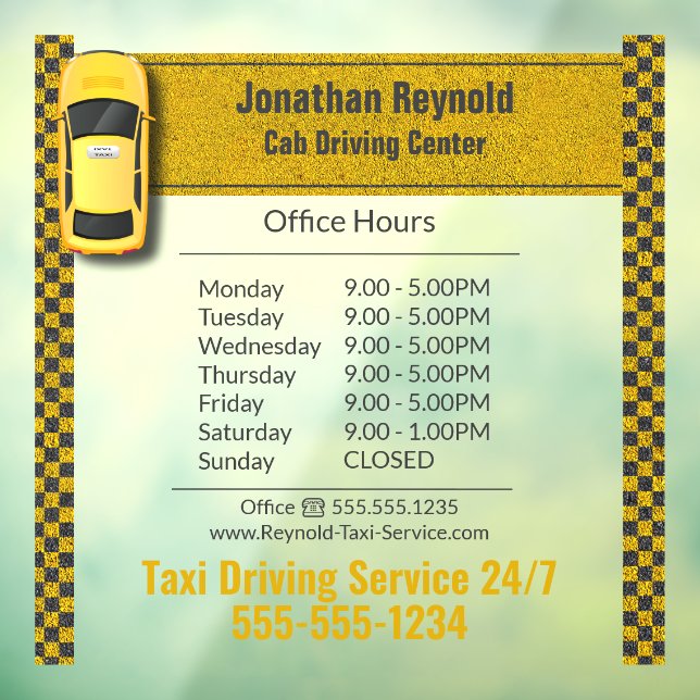 Yellow Business Cab Driver Taxi Service Window Cling (Sheet 3)