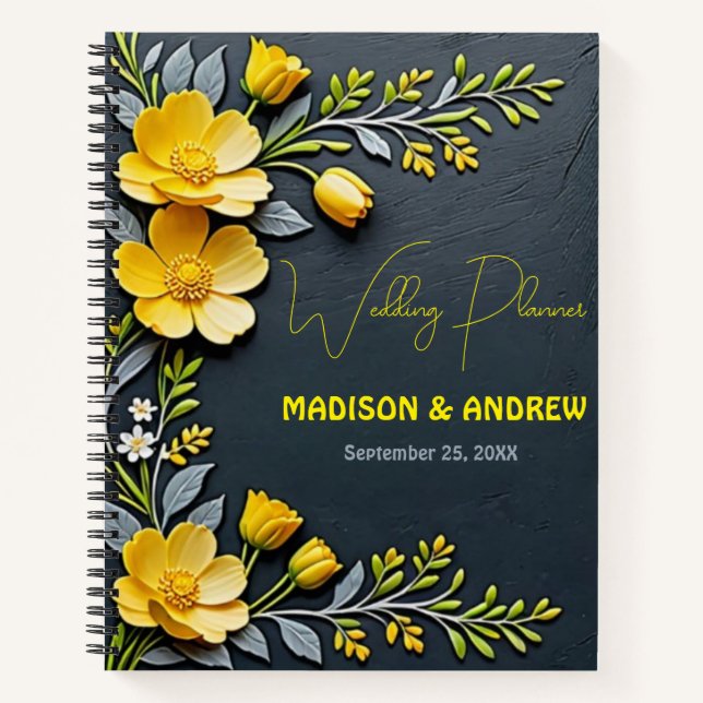 Yellow buttercup flower and grey wedding notebook (Front)