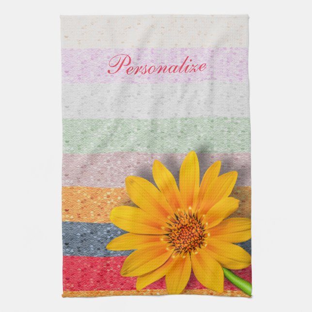 Yellow Buttercup with Pastel Stripes Personalise Tea Towel (Vertical)