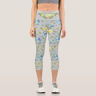 Yellow Buttercups and Blue Iris Capri Leggings