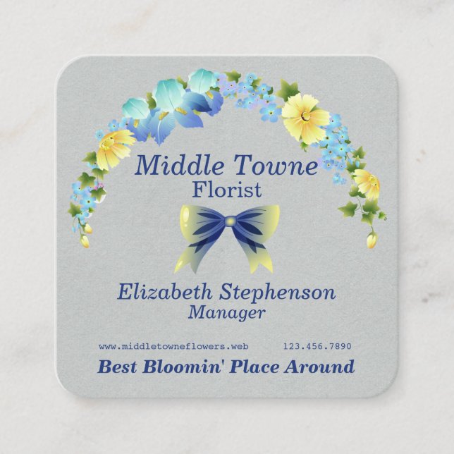 Yellow Buttercups and Blue Iris  Square Business Card (Front)