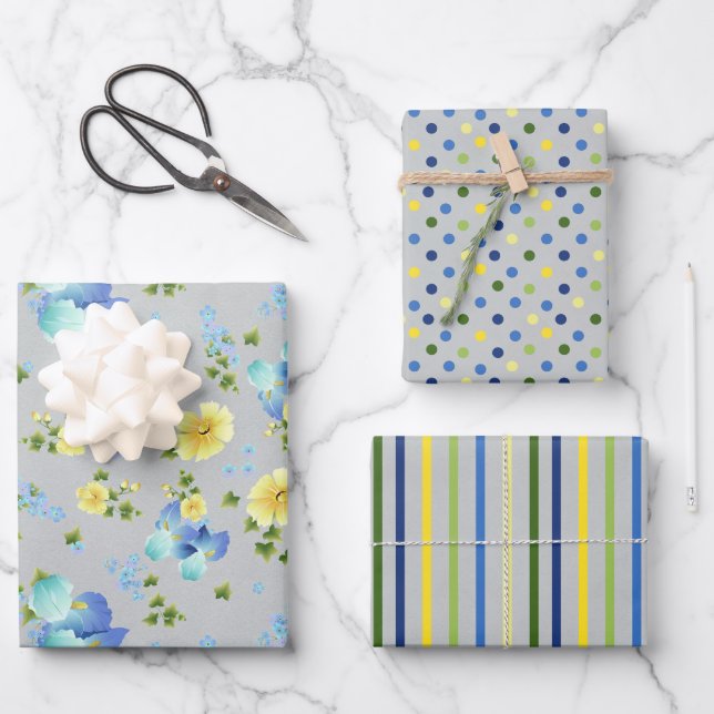 Yellow Buttercups and Blue Iris Wrapping Paper (Front)