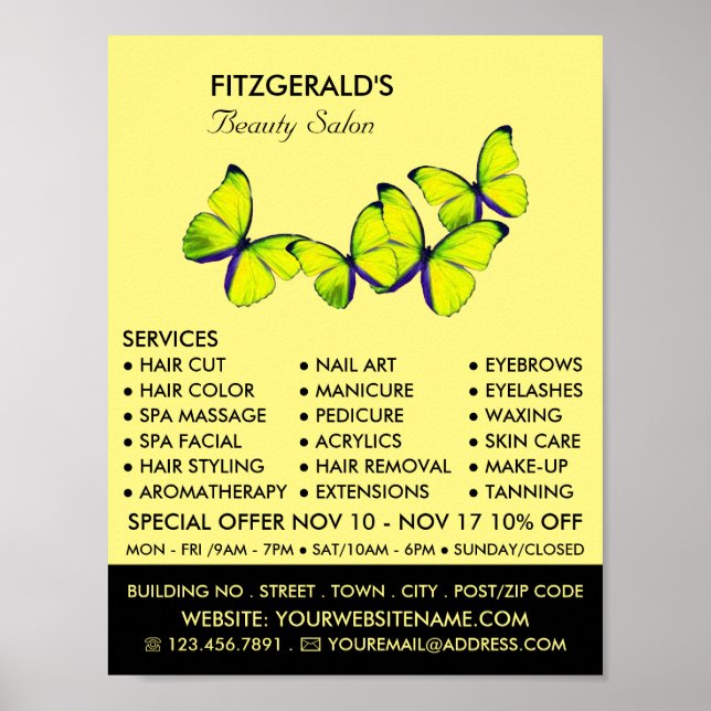 Yellow Butterflies, Beautician, Beauty Salon Poster (Front)