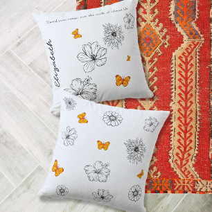 Yellow Butterfly and Black & White Flowers Quote Cushion